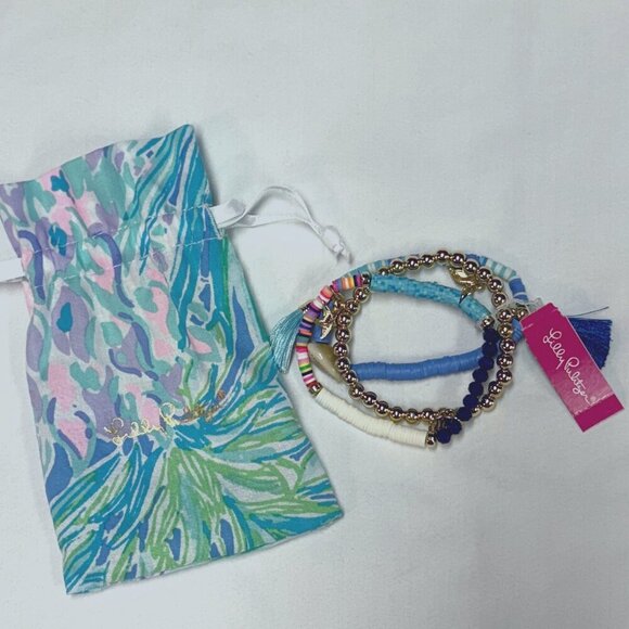 Lilly Pulitzer Beaded Stretch Bracelet Set Blue/Gold NWT w/ Pouch EUC - Picture 2 of 6